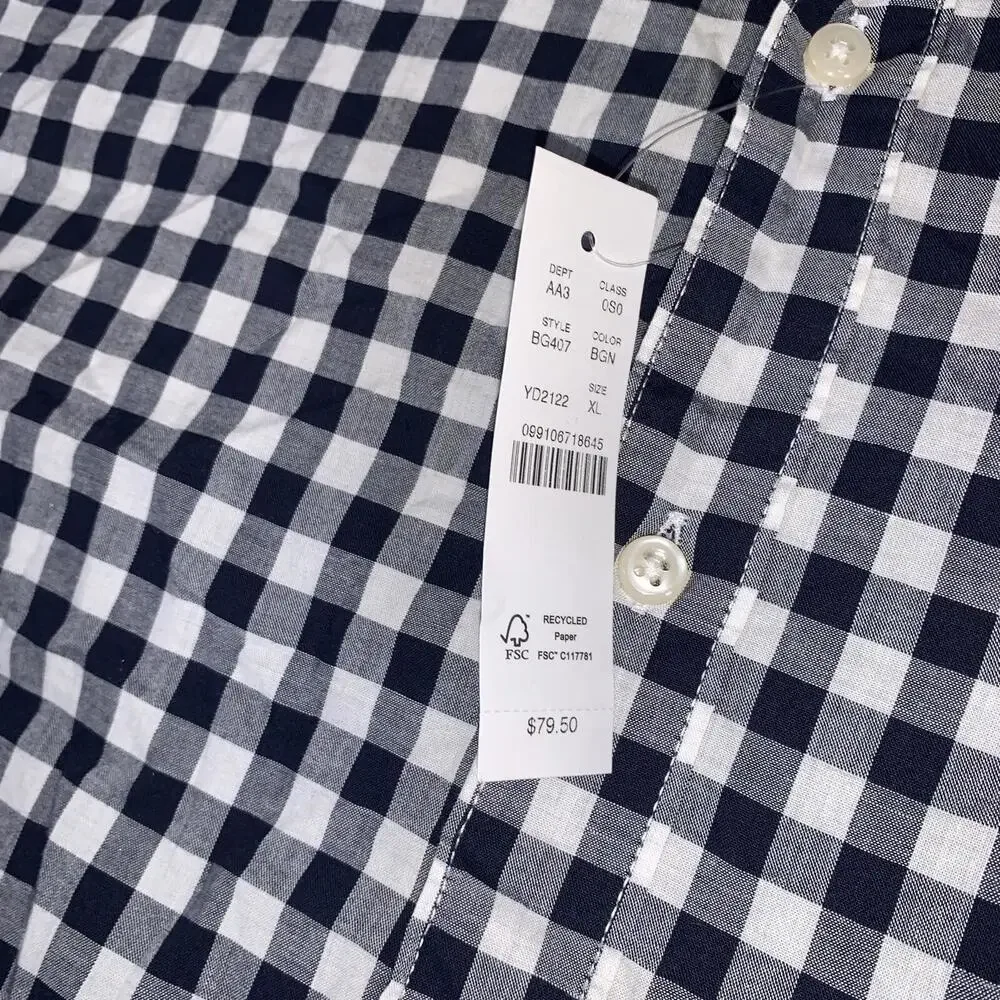 J Crew Shirt Mens XL‎ Navy Check Slim Stretch Secret Wash Organic Cotton NEW